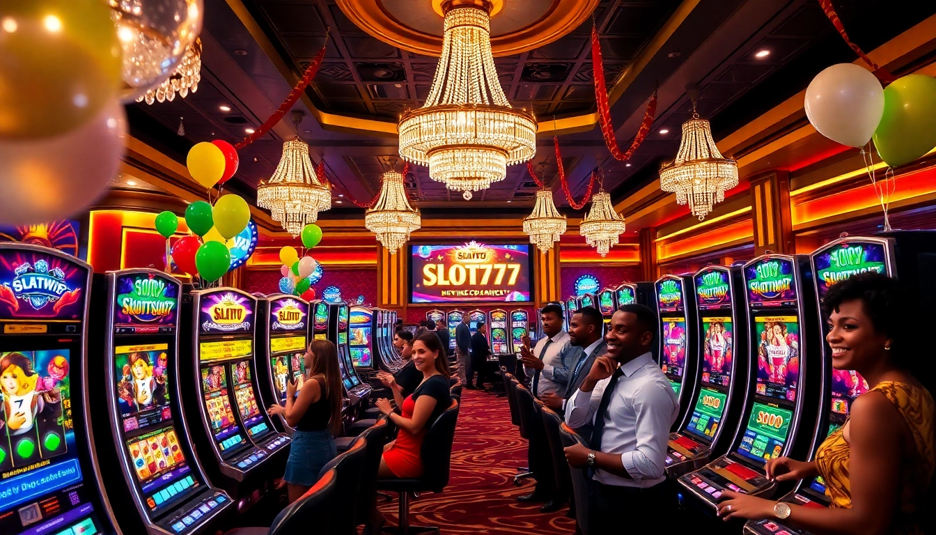 Experience the thrill of slot777 with exciting players celebrating wins at vibrant slot machines.