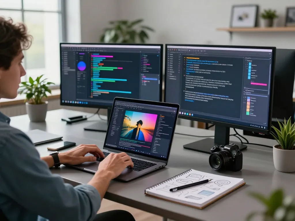 Transform an image to prompt in a modern tech workspace with vibrant screens.