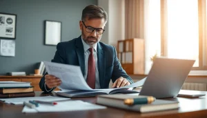 Clearwater truck accident attorney examining legal documents in a focused office environment.