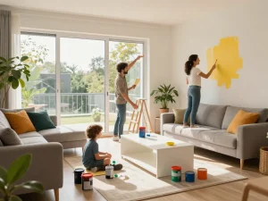 Familie, die ihr Zuhause mit Fenstern von Schüco verbessert und einen lebhaft modernen Wohnraum präsentiert.