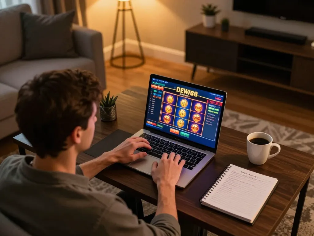 Adegan permainan online yang menarik dengan slot DEWI88 ditampilkan di layar laptop, menunjukkan fokus seorang pemain.