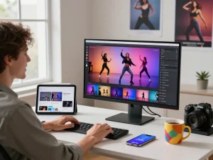 Transform photos into dynamic dance videos using dance ai technology in a modern workspace.