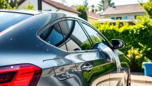 View of a car wash and detail mobile service cleaning a car in a sunny neighborhood.