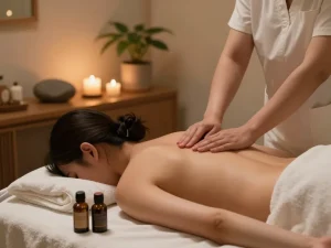 Indulging in 동대문스웨디시 massage therapy, therapeutic oils used in a serene spa setting.