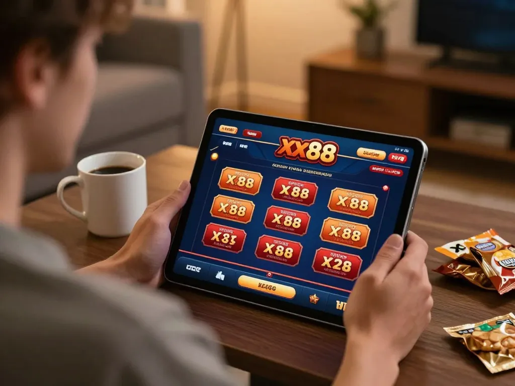 Player engaging with xx88 casino app on tablet at home for online gambling.