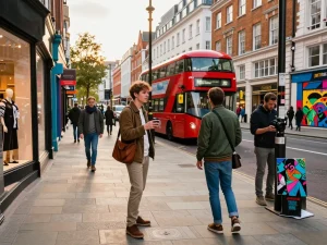 Best things to do in London, vibrant street scene with stylish individuals exploring trendy shops and iconic landmarks.