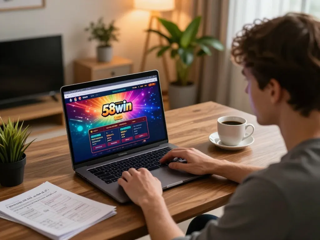 Person engaging with 58win online casino interface during a cozy home gaming session.