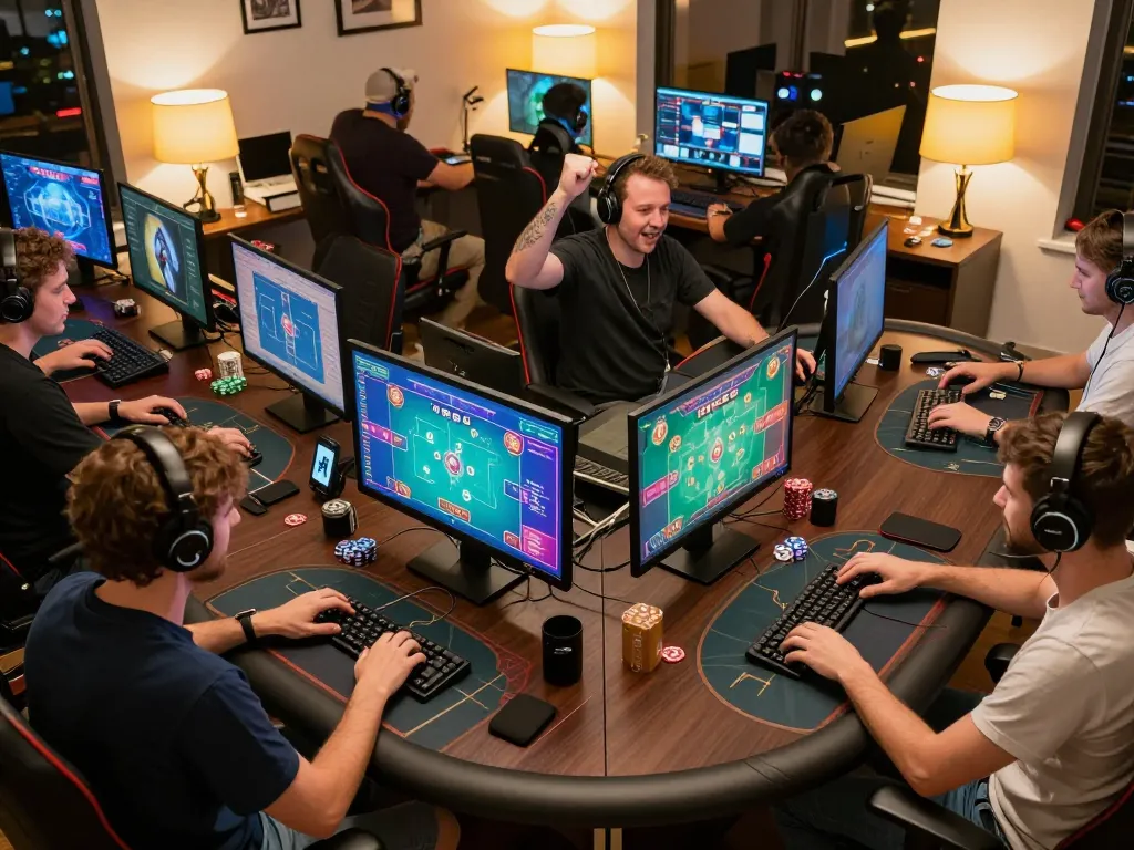 Players engaged in dynamic gameplay at a white label casino platform, showcasing interactive poker tables, focused expressions, and vibrant screens