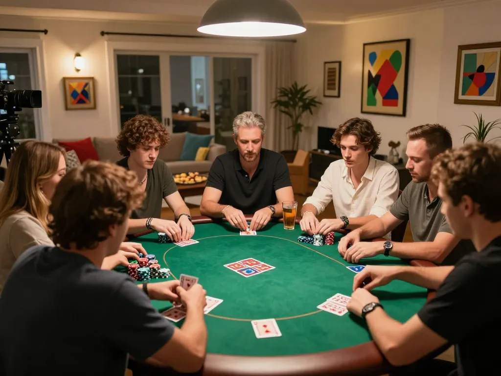 Friends enjoy a home poker night on mb66-t, showcasing cards and chips in a warm atmosphere.