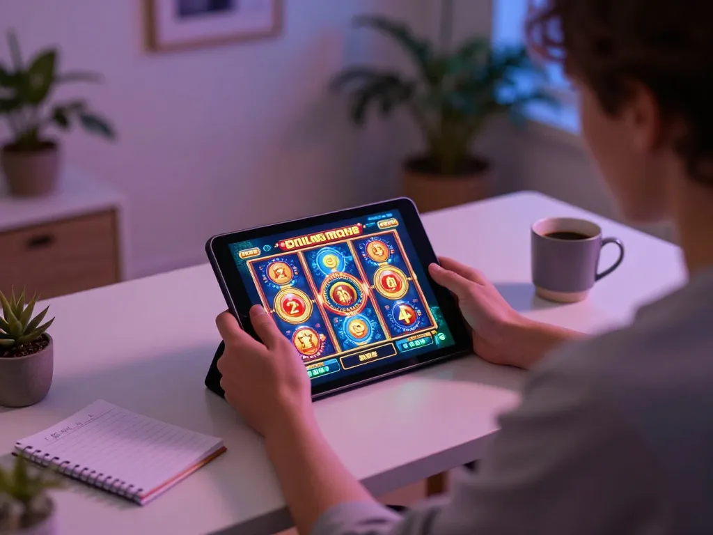Sesi perjudian online yang menarik di hoki77 menampilkan permainan slot yang cerah di tablet.