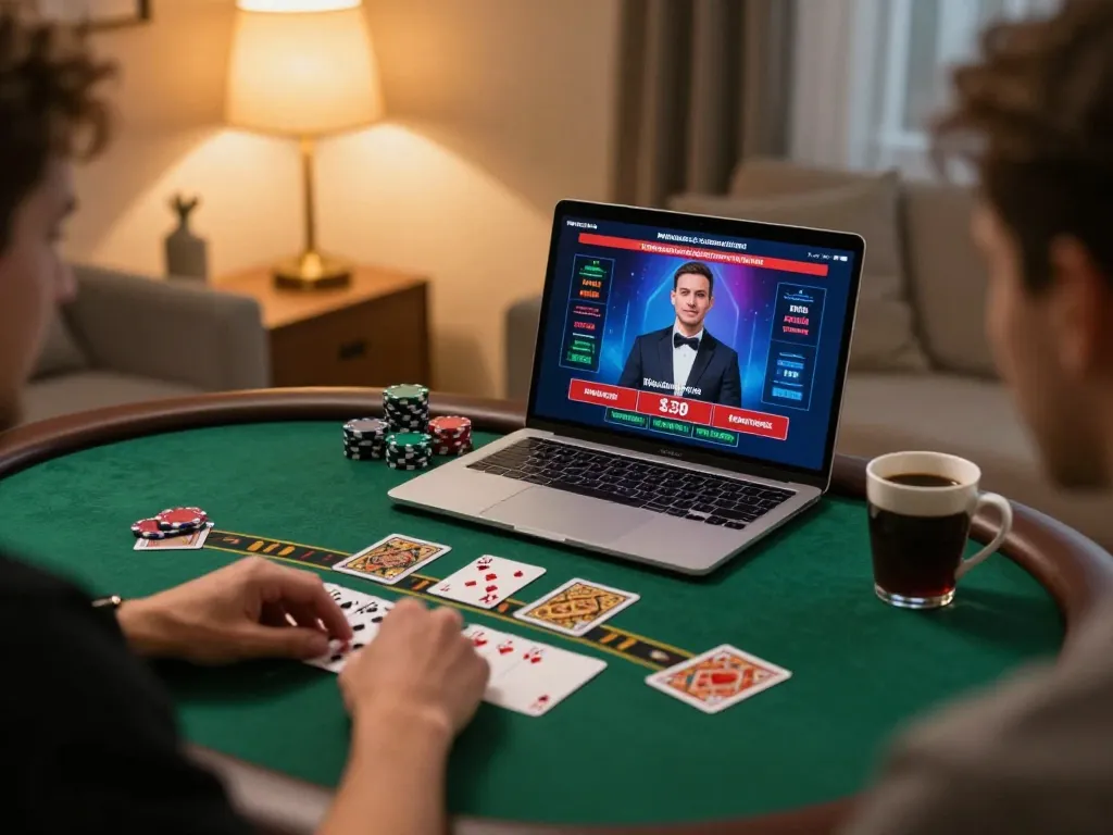 Player on laptop enjoying sc8885 blackjack game in cozy home setting with warm lighting
