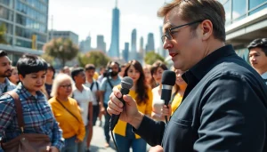 Engaging news coverage with a journalist interviewing diverse people in a vibrant city backdrop.