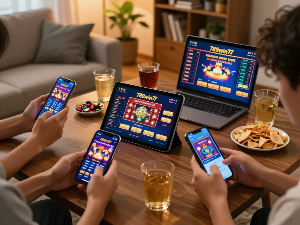 Players engaging with multiple devices using 789win77 casino app in a warm home setting.