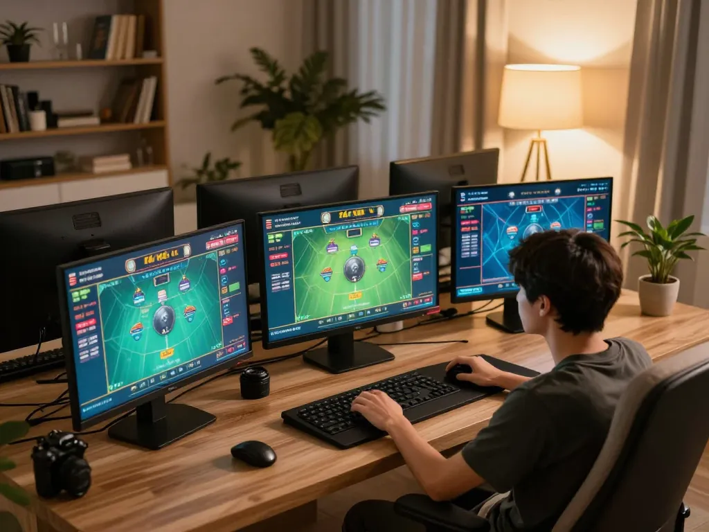 Tài xỉu online uy tín gameplay setup with a player focused on live betting on multiple screens in a cozy environment