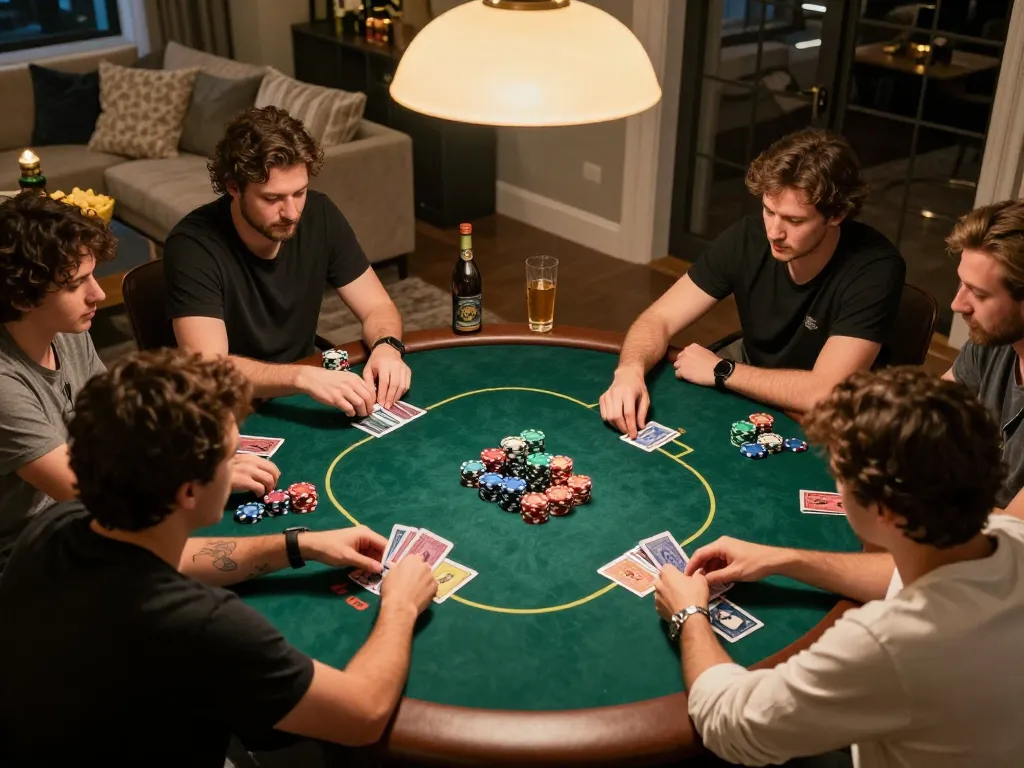 Players enjoying an exciting home poker night with 888vnd-themed betting strategies in action.
