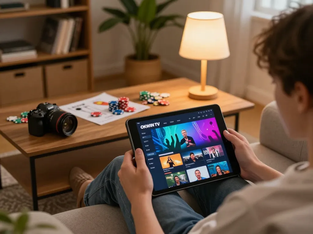 Engaging with OKWIN TV on tablet while enjoying strategic gameplay at home.