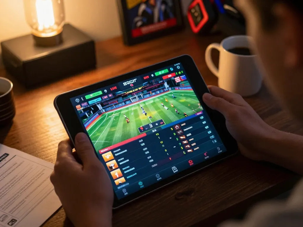 Person actively placing bets on the 88clbgo app, showcasing vibrant sports betting interface and cozy home setup.