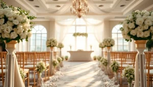 Capture a stunning Jacksonville Wedding Venue adorned with floral decorations and ambient lighting.