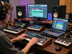 Musician using SC 88 sound module in a vibrant music studio setting.