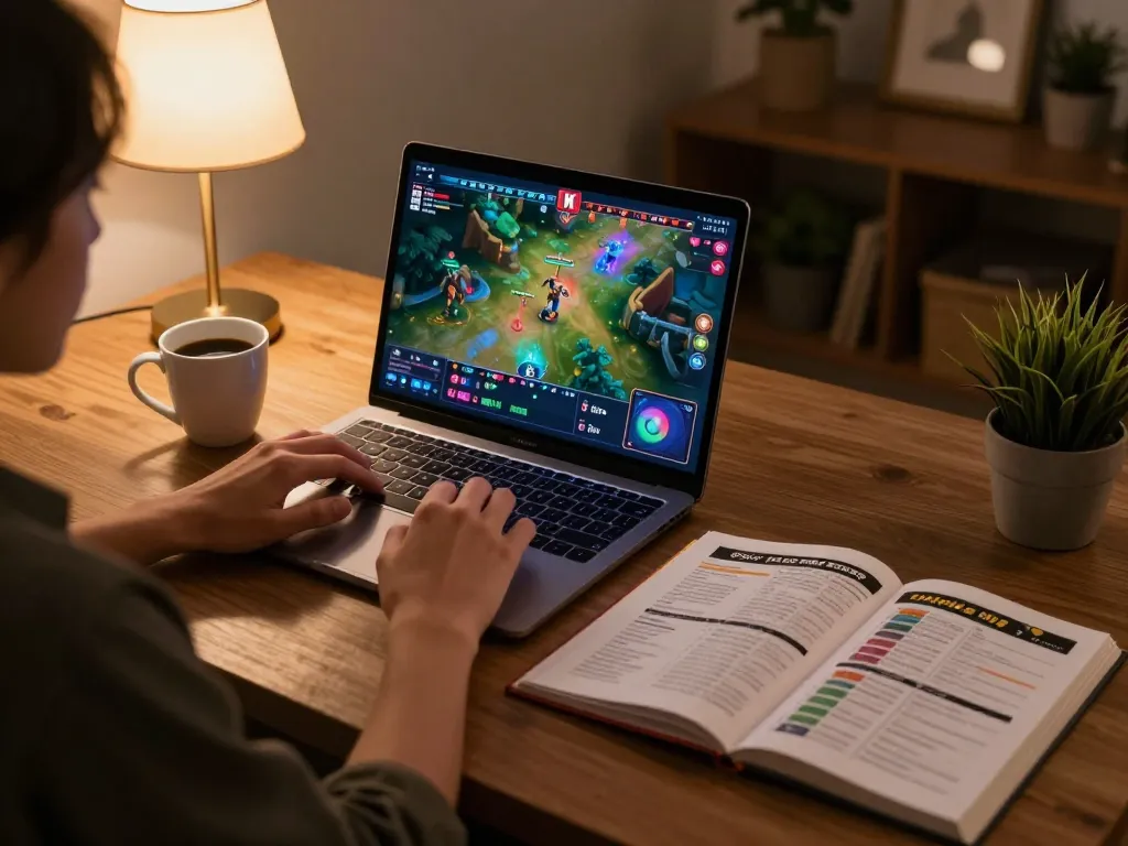 Engaged player analyzing result HK live draw on laptop in a cozy home setting.
