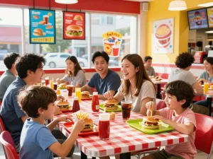 Family enjoying a variety of fast food menu items at a lively restaurant.