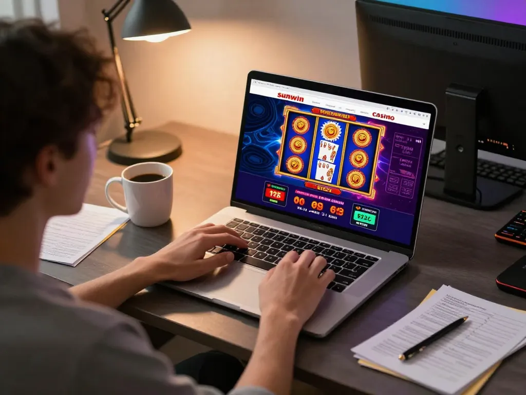 Engaging in online gambling strategies with the sunwin platform displayed on a personal laptop screen.