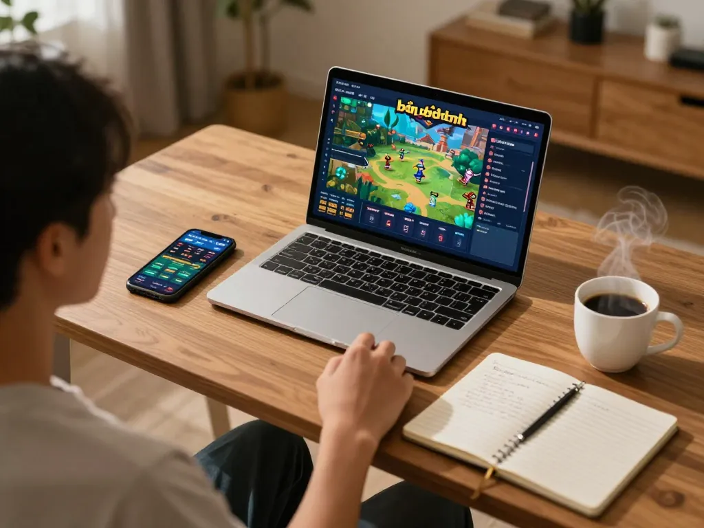 Engaging in game bài đổi thưởng during an online session at home with laptop and betting notes.