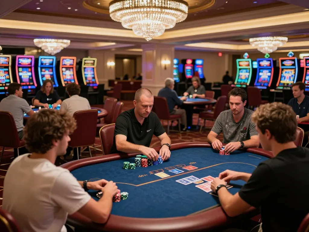 Excited players placing bets at poker tables while enjoying the luxury atmosphere of 888new casino.