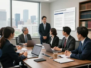 USA lawyers collaborating in a modern office environment, discussing legal strategies and case documents.