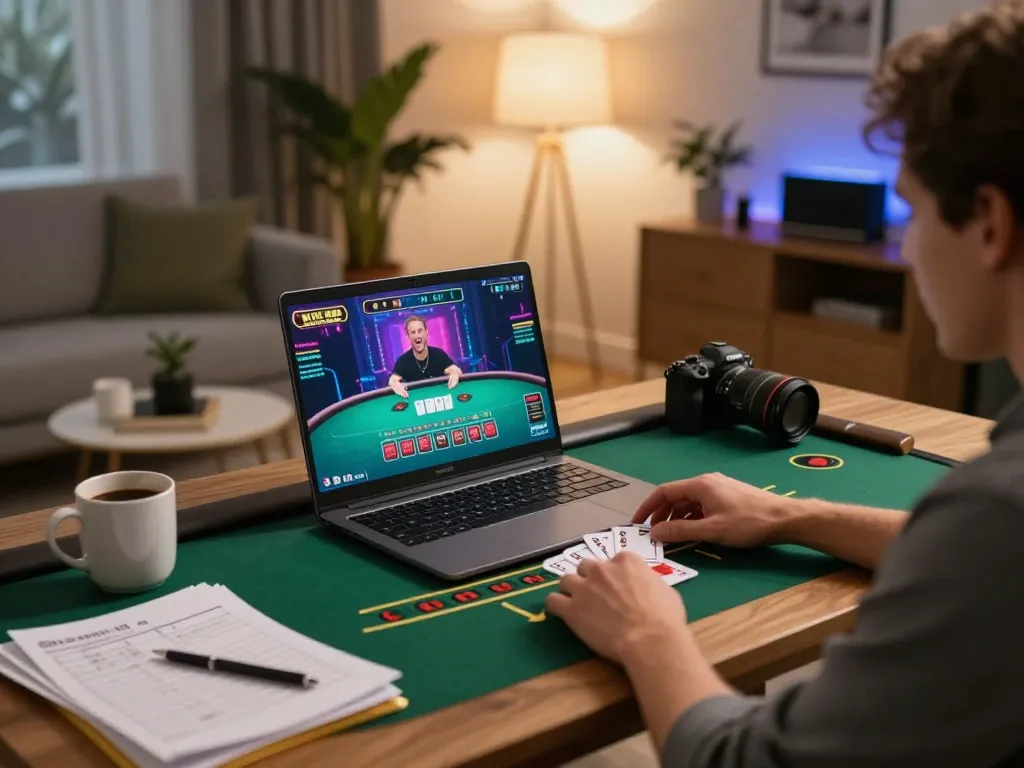 Engaged player at home enjoying ilvidx online blackjack game on laptop with strategy notes