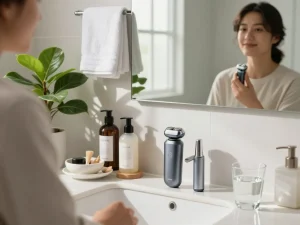 Grooming routine featuring Laifen shaver on modern bathroom countertop with natural light.