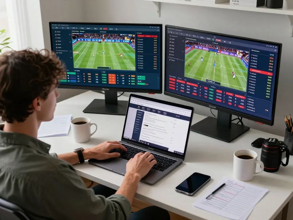 8xx sports betting setup with multiple screens displaying live odds and events, showcasing engaging online action.