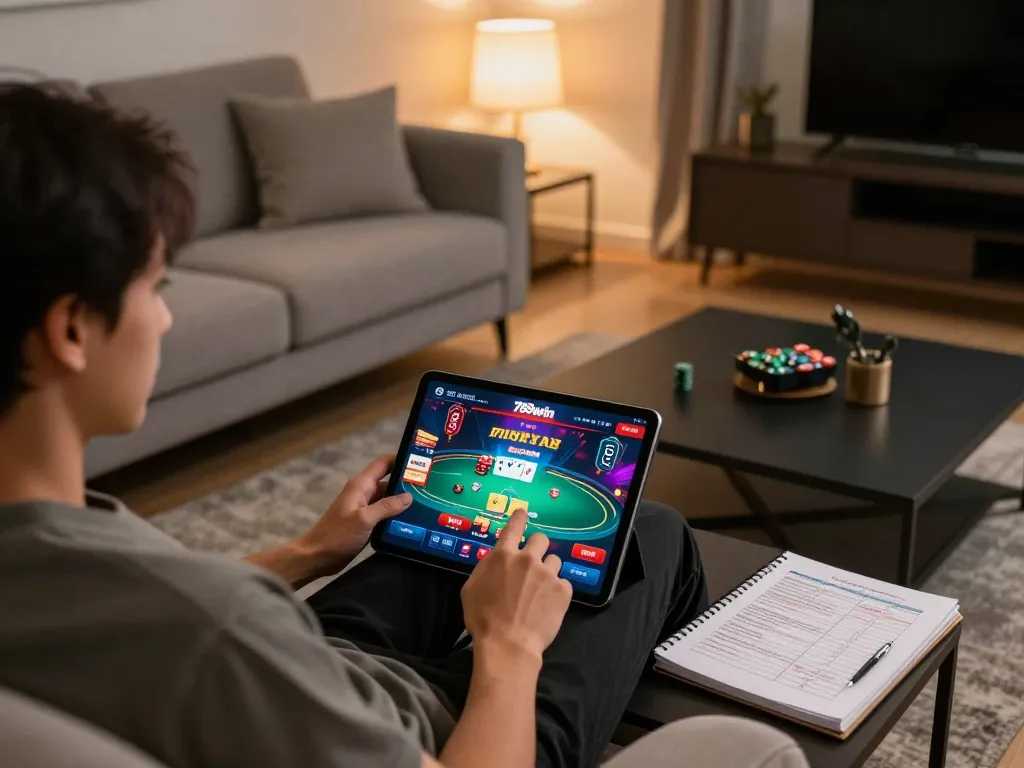 Engaging in strategic poker gameplay on 789win tablet with vibrant interface in a cozy home.