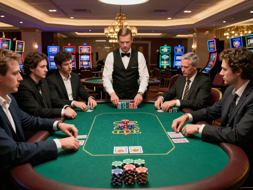Players at G28 poker game placing strategic bets among chips and cards