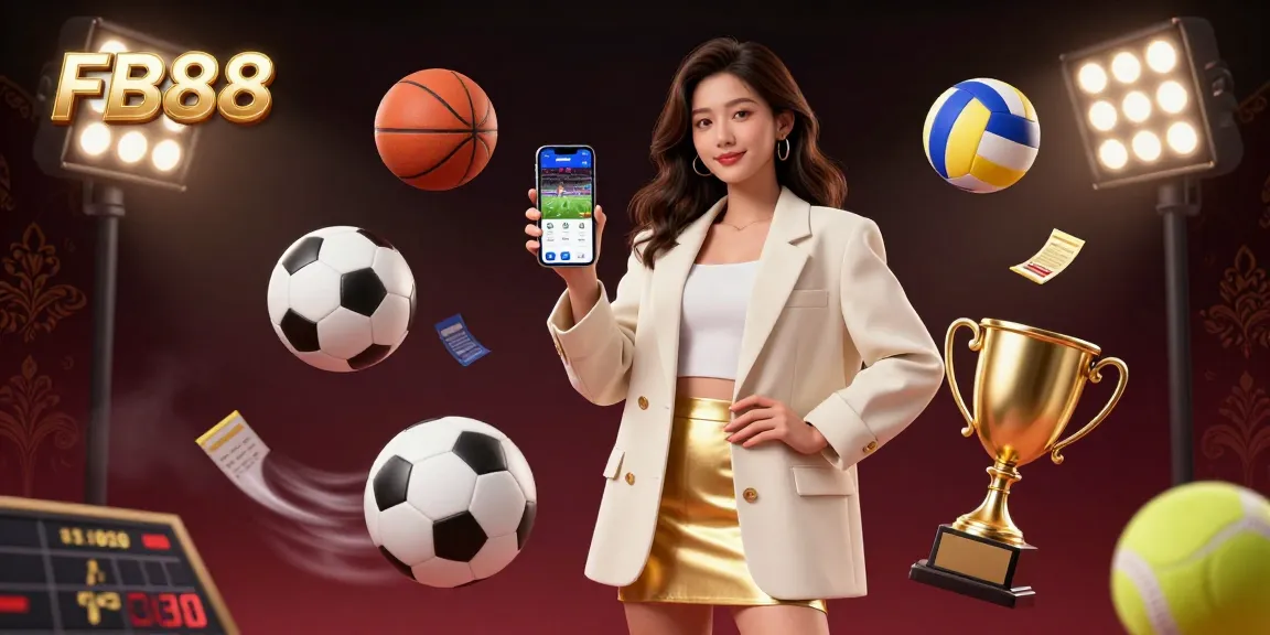 Experience sports betting with FB88 through a captivating illustration showcasing engaging casino elements and dynamic sports balls.