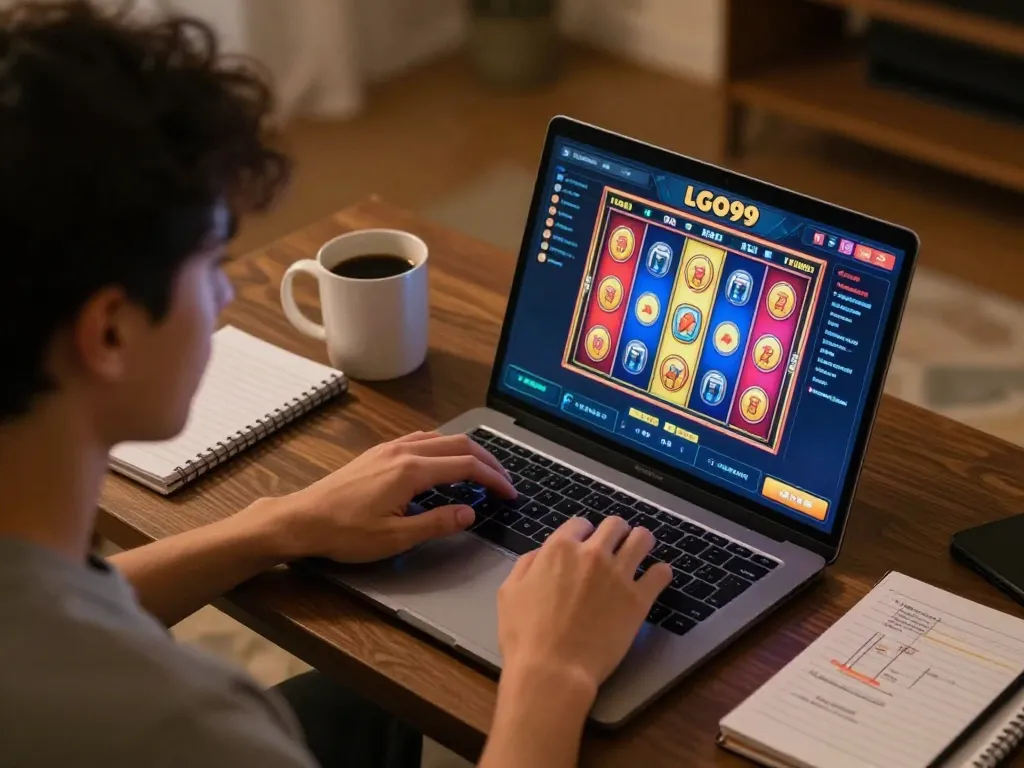 LGO99 user engaging in online slot gaming while managing strategy notes in a cozy home setting.