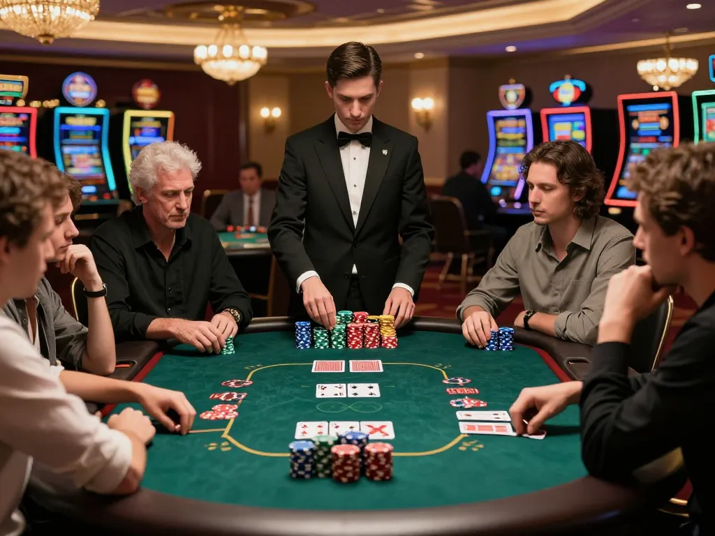 Watch players engage in ดูหนังออนไลน์ at a luxury poker table with vibrant chips and strategic plays.