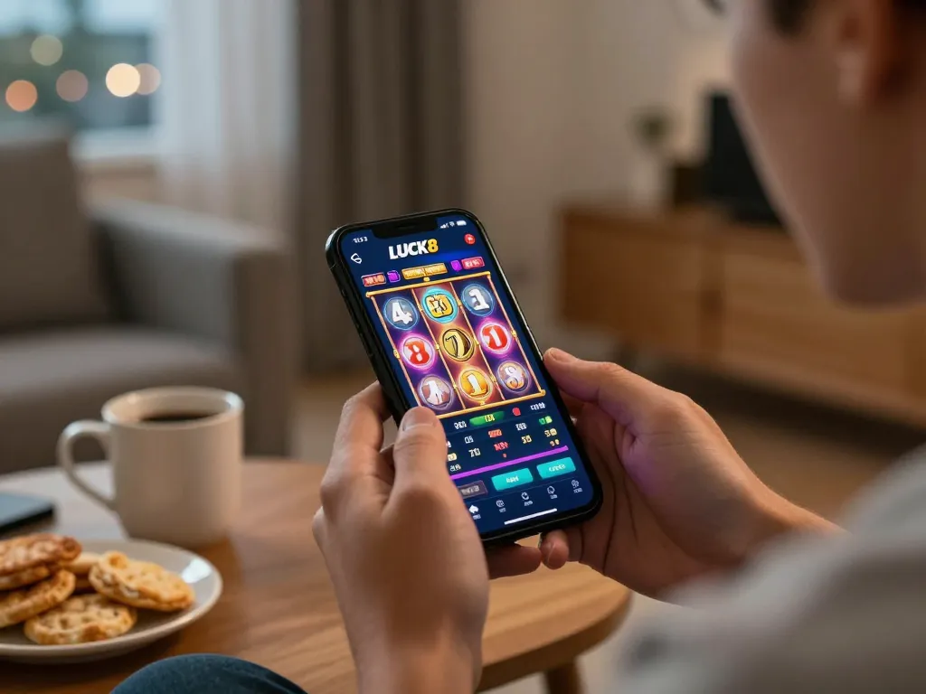 Experience LUCK8 mobile gaming excitement with vibrant slot reels spinning on screen.