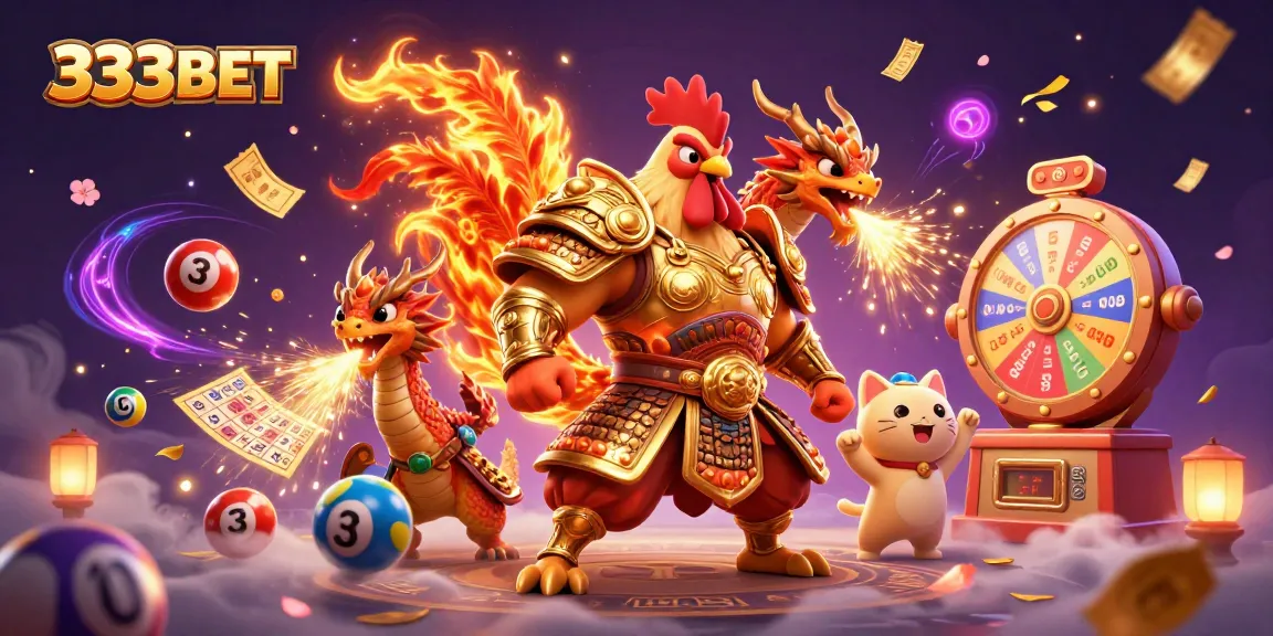 Engage with 333BET's cartoon characters in a vibrant casino scene bursting with gaming excitement.