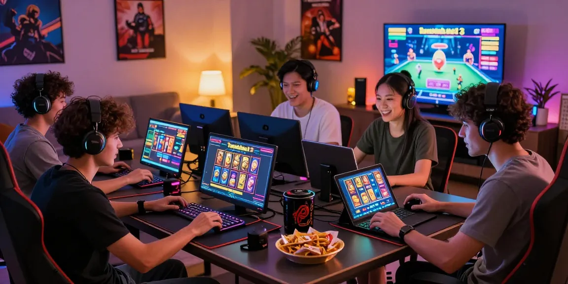 Friends enjoying tambakbet slot gaming session in cozy living room with vibrant atmosphere.