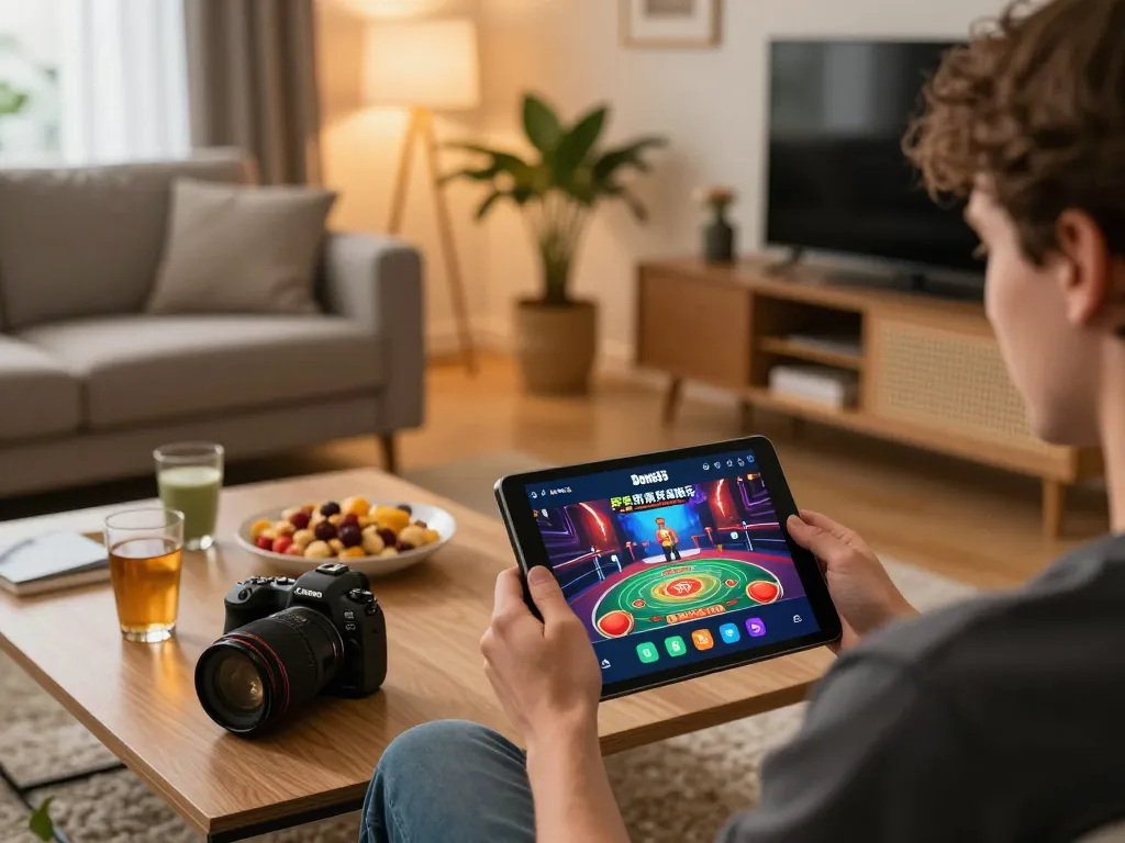 Player enjoying the Done55 gaming app on a tablet at home, showcasing interactive gameplay experience