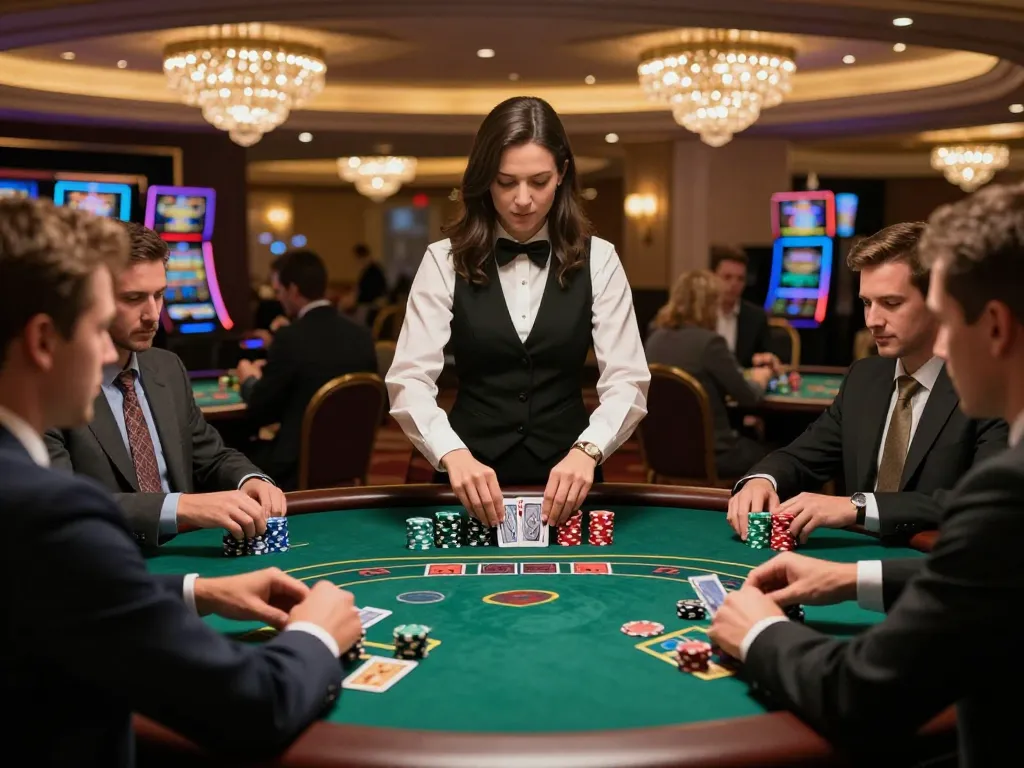 Players engage at a stylish blackjack table in a casino, showcasing g28 strategies for better gameplay.