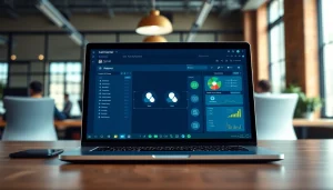 Showcasing call centre software on a modern laptop, highlighting key features in a professional environment.