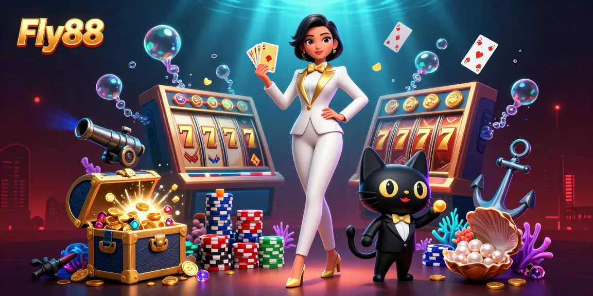 Experience the excitement of Fly88 as a glamorous lady shuffles cards with a tuxedoed cat in a vibrant casino scene.