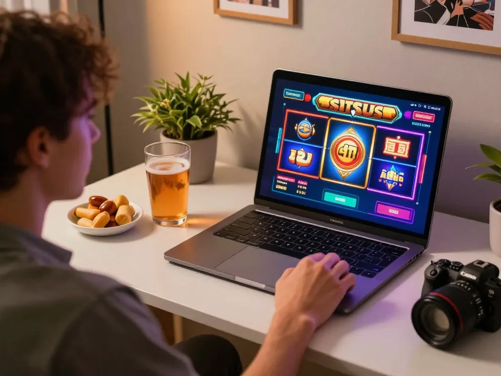 Player spinning a situs slot machine on a laptop, enjoying gaming in a cozy home office.