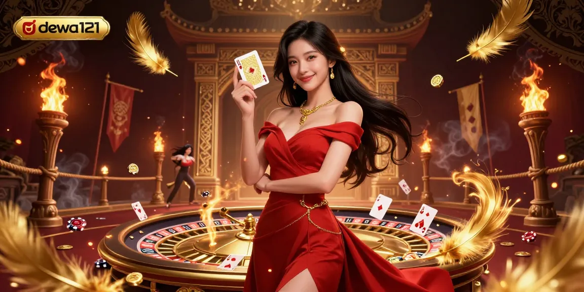 Mainkan permainan menarik di dewa121, menampilkan dealer Asia yang menawan dengan kartu dan chip.