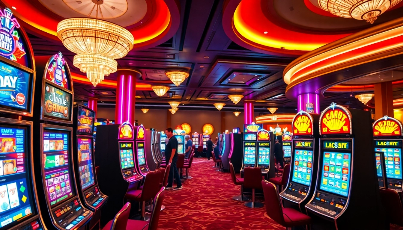 Slot resmi menampilkan berbagai mesin slot berwarna-warni di kasino yang mewah.