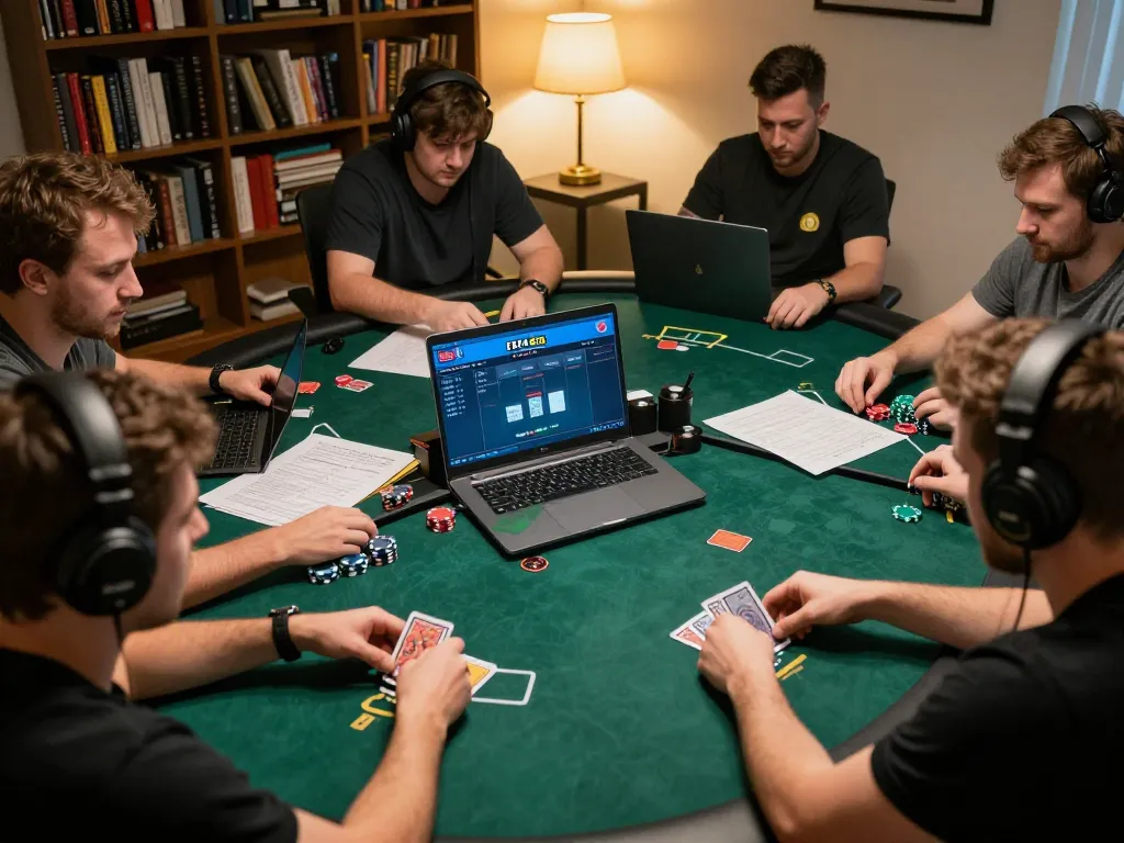 Players intensely strategizing in an online poker game at home, showcasing FAFA 828's gaming atmosphere.