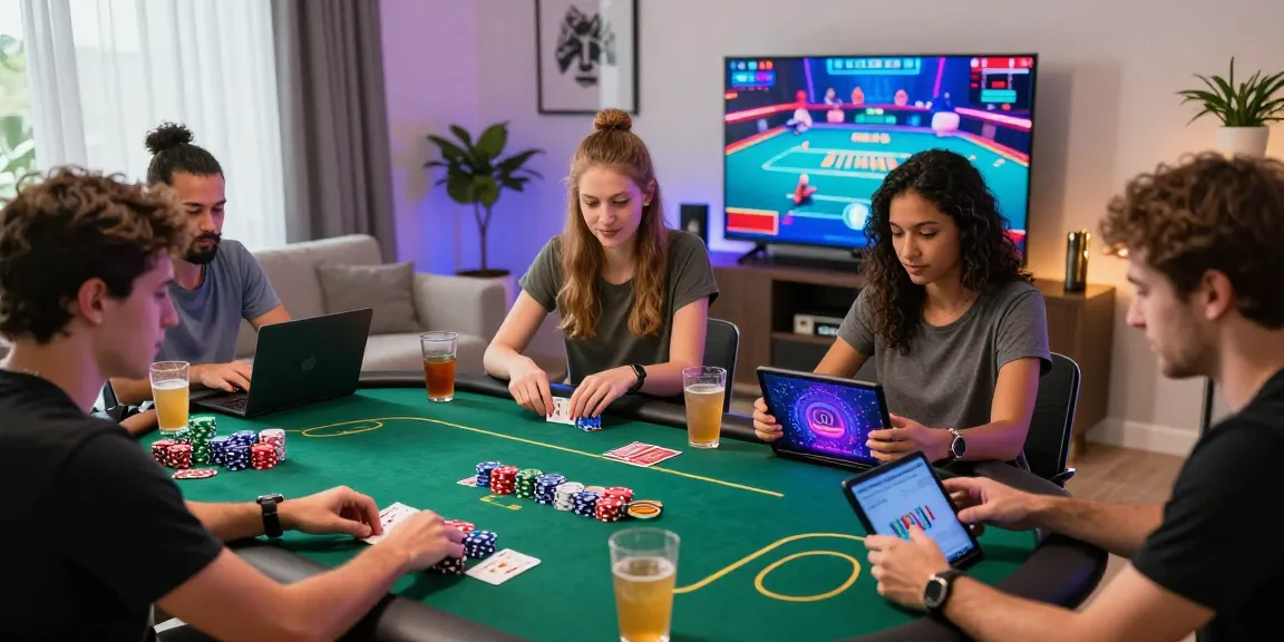 Joueurs engagés profitant du casino en ligne France légal dans un cadre domestique vibrant avec des jeux de poker, des jetons et une décoration moderne.
