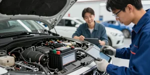 Battery replacement services being performed by a technician in a professional workshop.